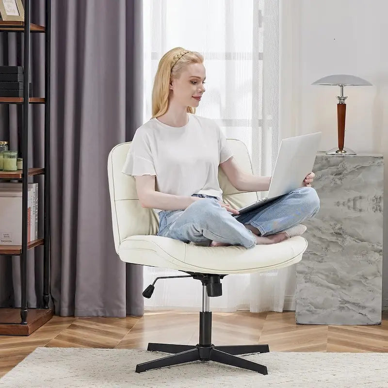 Chaise sans roulettes à pieds croisés, sans accoudoirs, assise large, hauteur réglable, pivotante, en cuir PU épais et rembourré, confortable pour la maison et le bureau