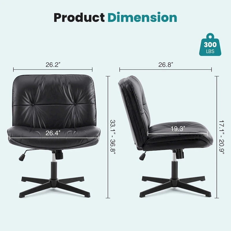 Chaise sans roulettes à pieds croisés, sans accoudoirs, assise large, hauteur réglable, pivotante, en cuir PU épais et rembourré, confortable pour la maison et le bureau