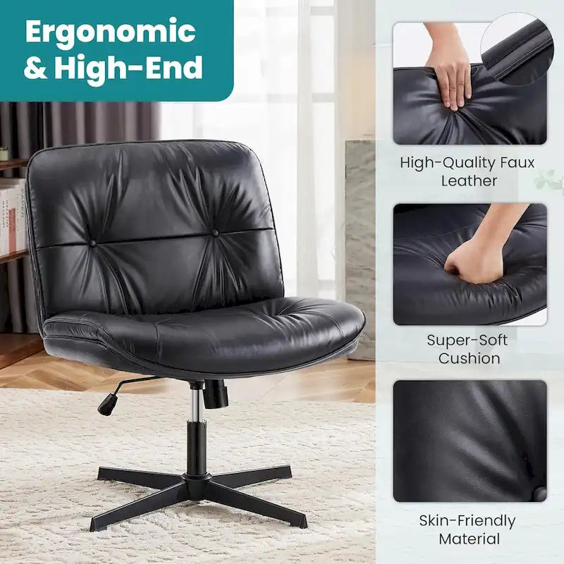 Chaise sans roulettes à pieds croisés, sans accoudoirs, assise large, hauteur réglable, pivotante, en cuir PU épais et rembourré, confortable pour la maison et le bureau