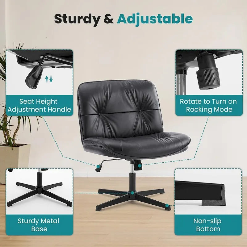 Chaise sans roulettes à pieds croisés, sans accoudoirs, assise large, hauteur réglable, pivotante, en cuir PU épais et rembourré, confortable pour la maison et le bureau