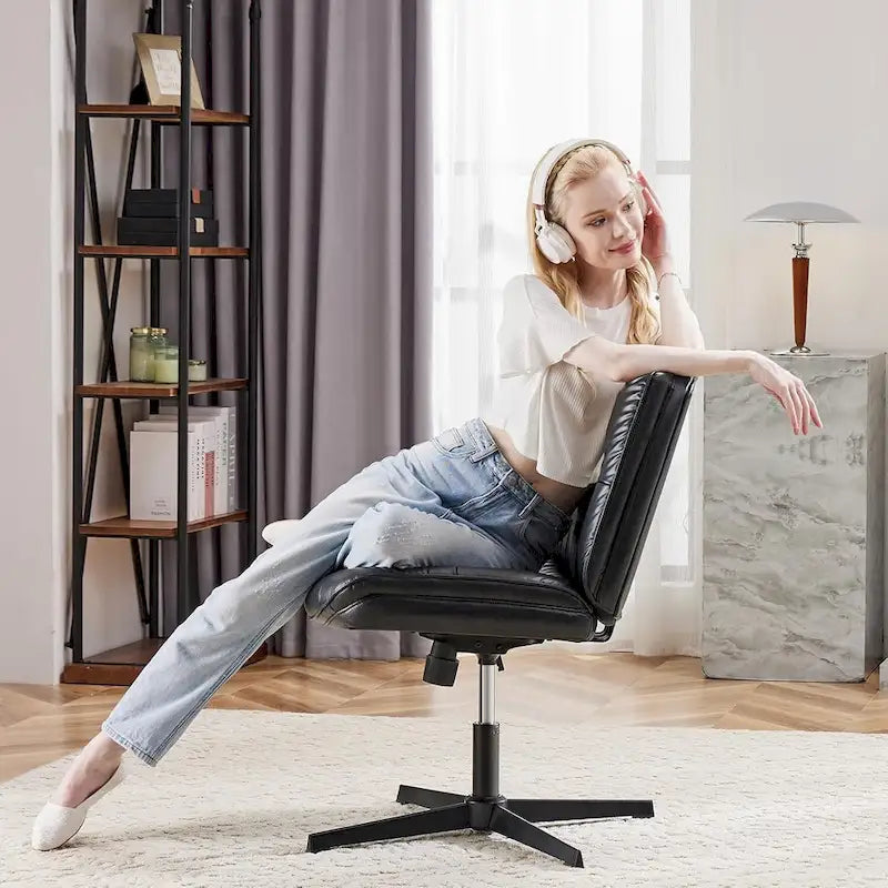 Chaise sans roulettes à pieds croisés, sans accoudoirs, assise large, hauteur réglable, pivotante, en cuir PU épais et rembourré, confortable pour la maison et le bureau