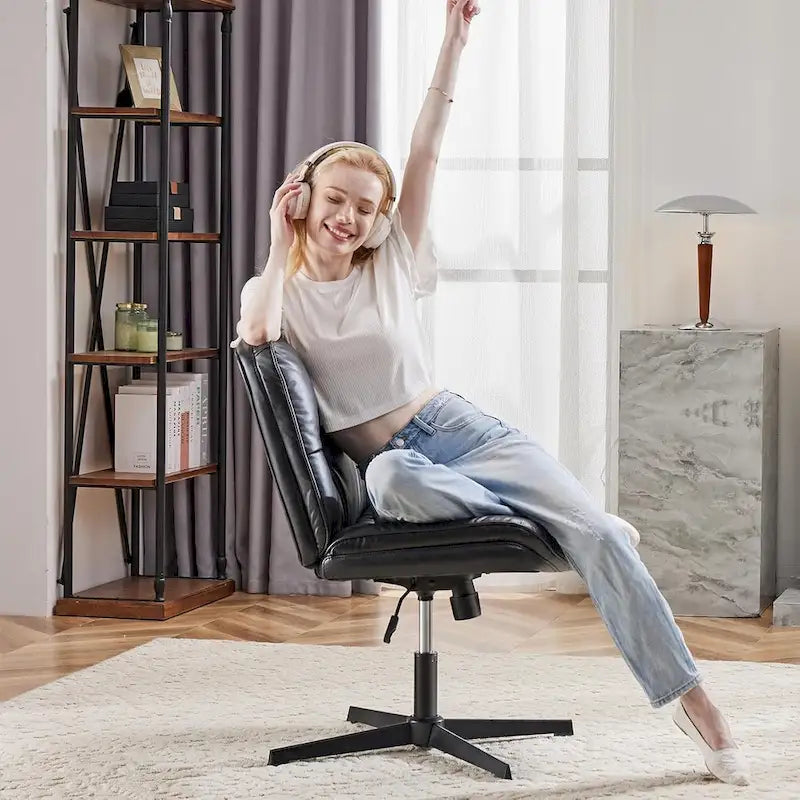 Chaise sans roulettes à pieds croisés, sans accoudoirs, assise large, hauteur réglable, pivotante, en cuir PU épais et rembourré, confortable pour la maison et le bureau