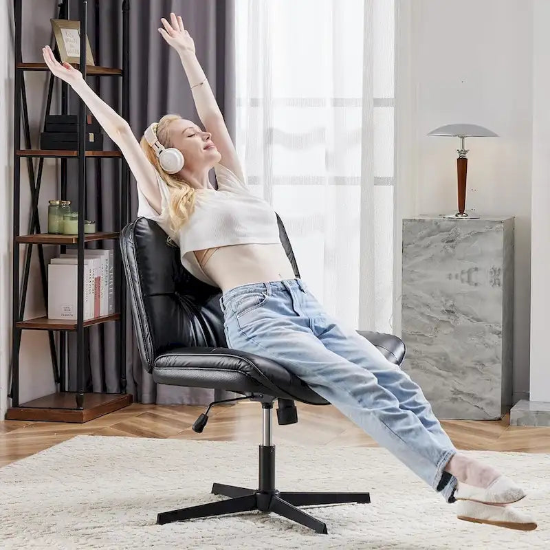 Chaise sans roulettes à pieds croisés, sans accoudoirs, assise large, hauteur réglable, pivotante, en cuir PU épais et rembourré, confortable pour la maison et le bureau