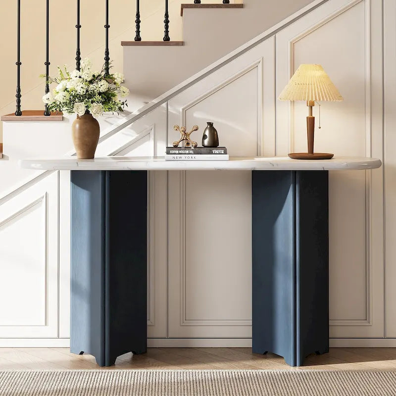 Console d'entrée, Table avec plateau ovale en similicuir marbre pour l'entrée