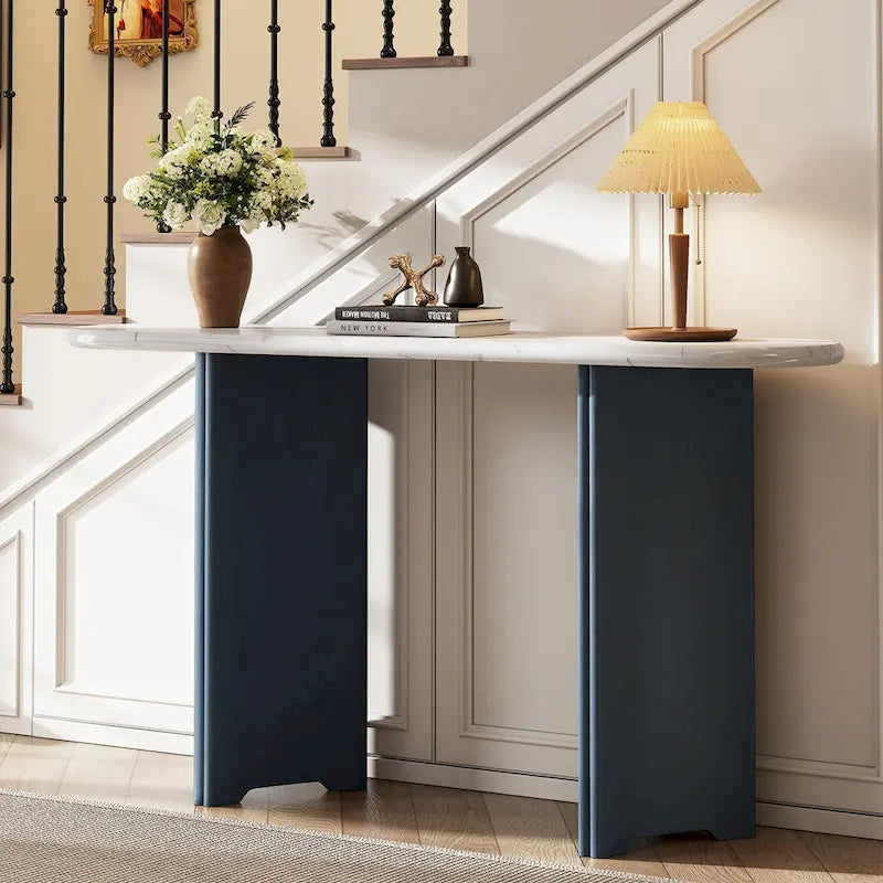 Console d'entrée, Table avec plateau ovale en similicuir marbre pour l'entrée