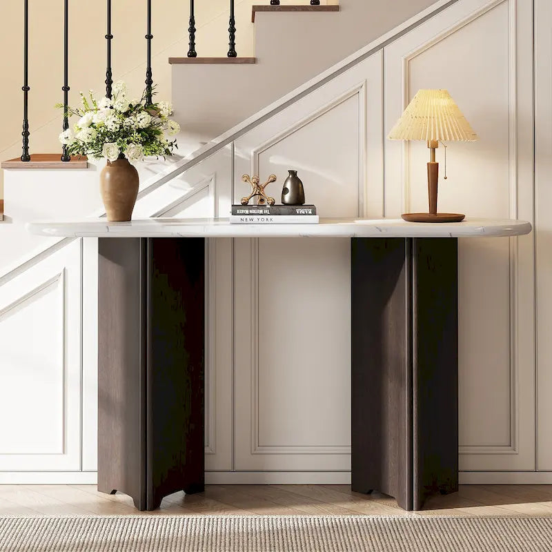 Console d'entrée, Table avec plateau ovale en similicuir marbre pour l'entrée