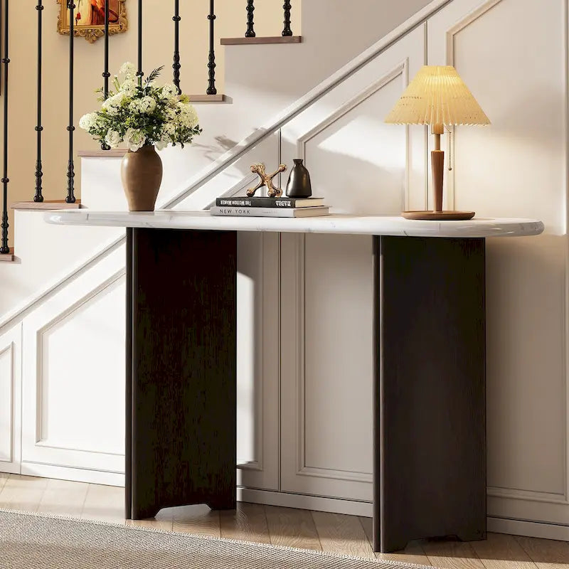 Console d'entrée, Table avec plateau ovale en similicuir marbre pour l'entrée