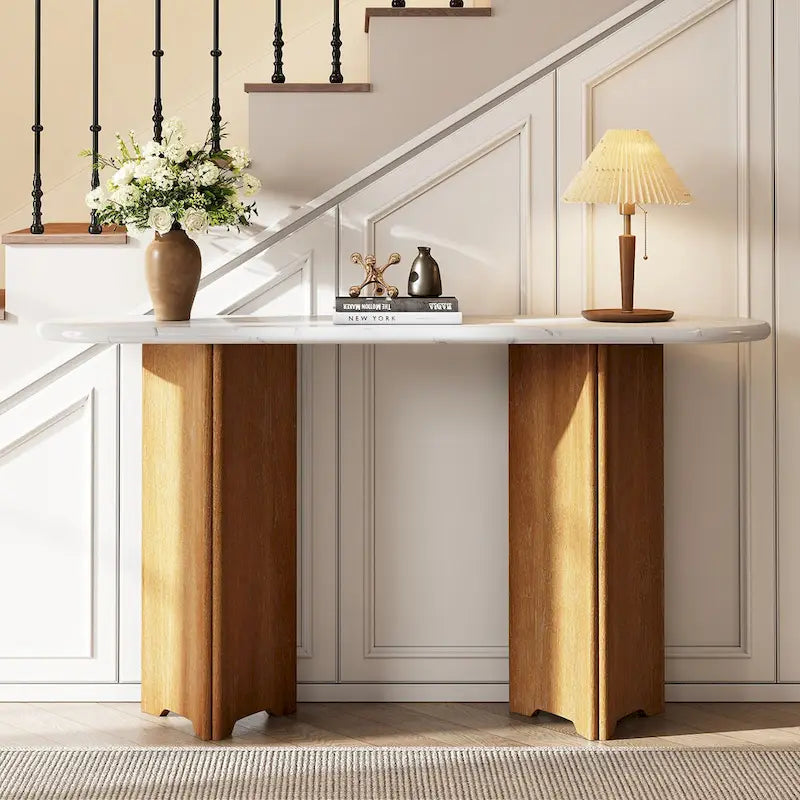 Console d'entrée, Table avec plateau ovale en similicuir marbre pour l'entrée