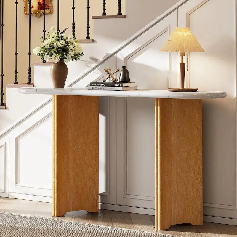 Console d'entrée, Table avec plateau ovale en similicuir marbre pour l'entrée