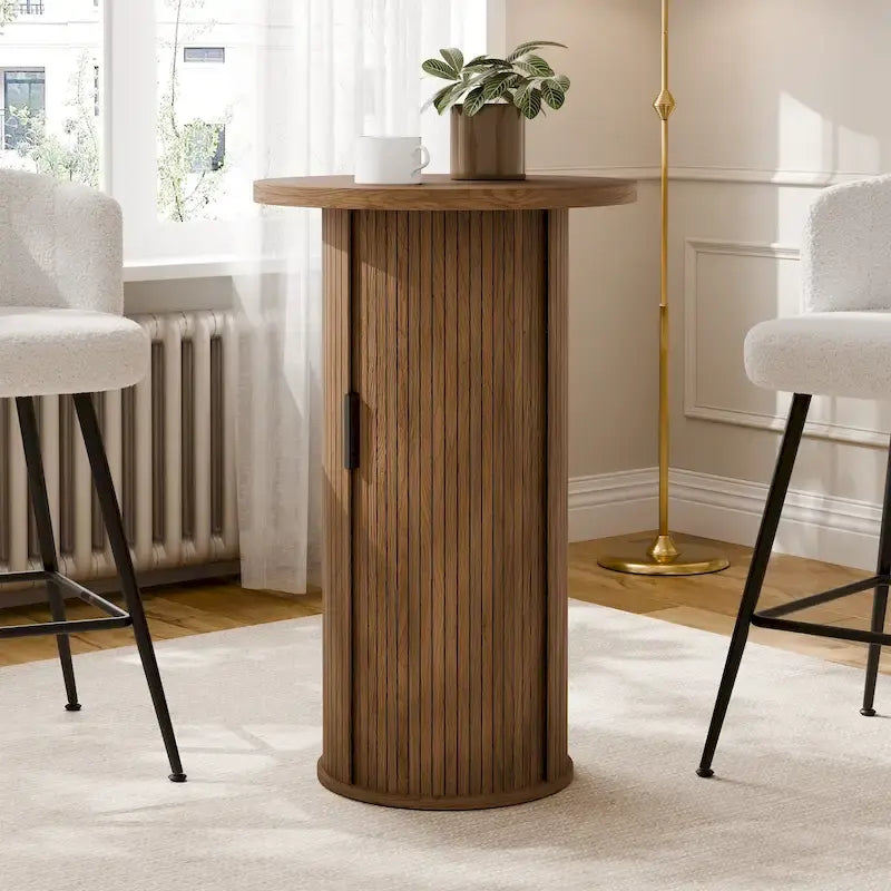 Petite table de salle à manger Tambour avec étagère de rangement à trois niveaux, table de bar ronde de 91 cm