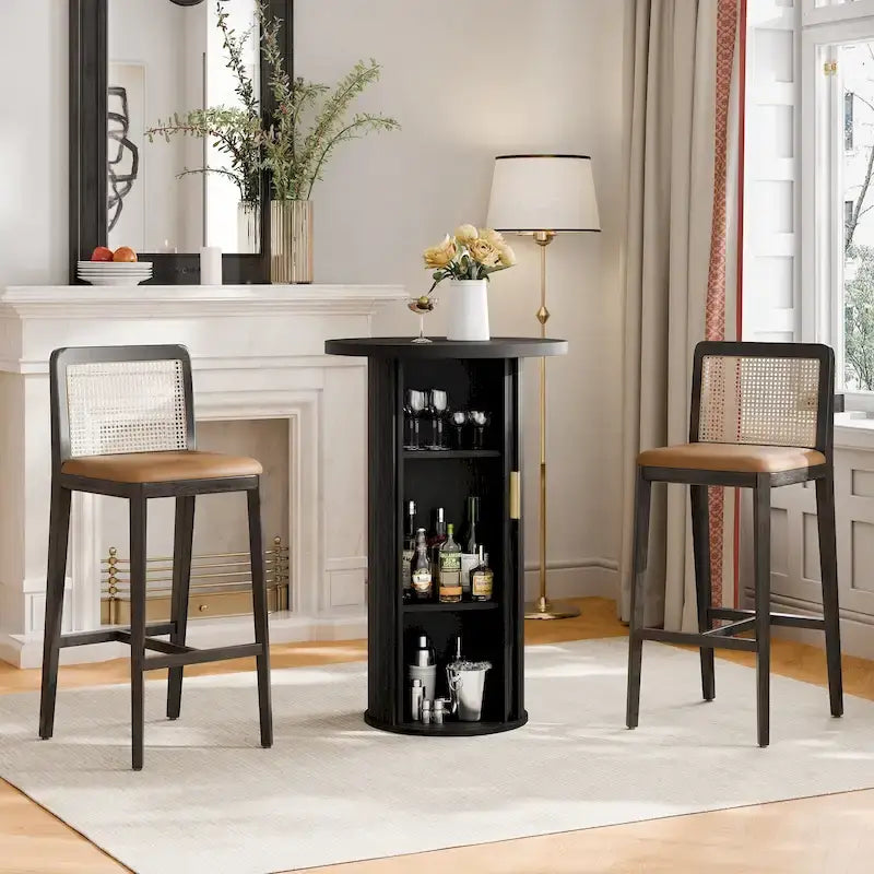 Petite table de salle à manger Tambour avec étagère de rangement à trois niveaux, table de bar ronde de 91 cm