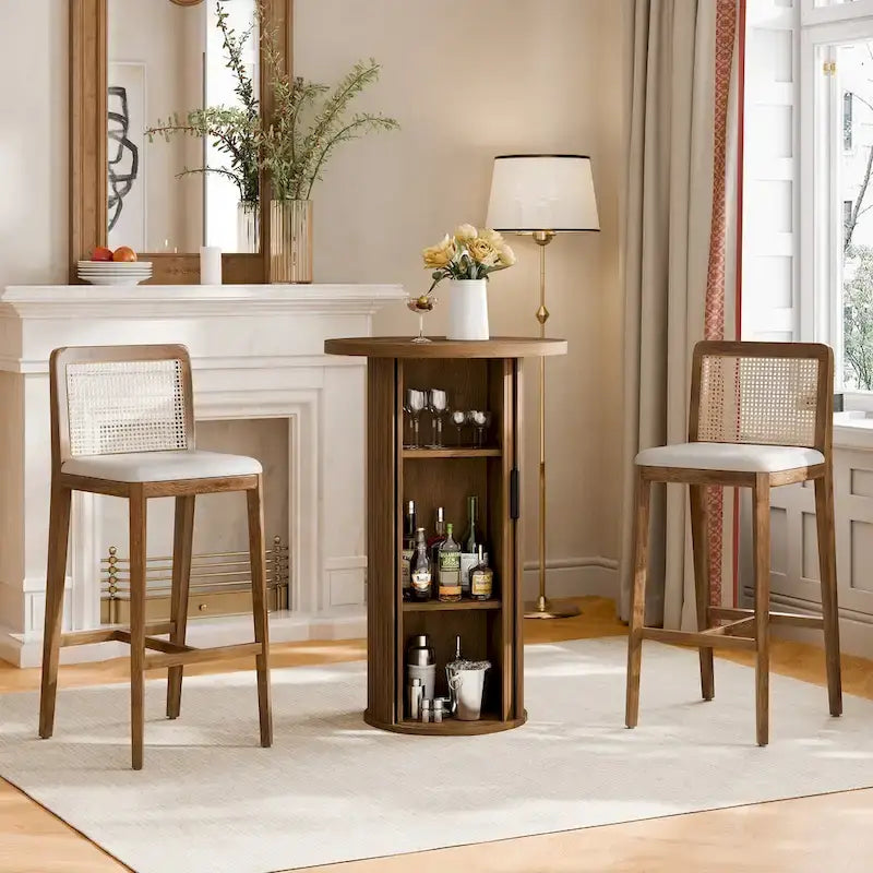 Petite table de salle à manger Tambour avec étagère de rangement à trois niveaux, table de bar ronde de 91 cm