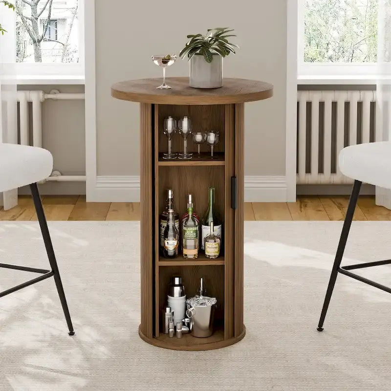 Petite table de salle à manger Tambour avec étagère de rangement à trois niveaux, table de bar ronde de 91 cm