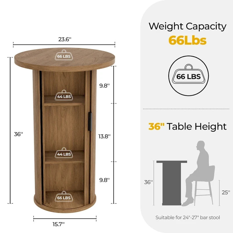 Petite table de salle à manger Tambour avec étagère de rangement à trois niveaux, table de bar ronde de 91 cm