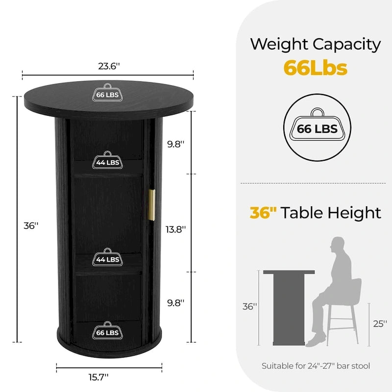 Petite table de salle à manger Tambour avec étagère de rangement à trois niveaux, table de bar ronde de 91 cm