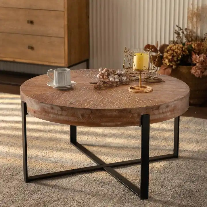 Table basse ronde "Modern Retro Stitching" avec plateau en bois de sapin et piètement croisé noir, pour salon