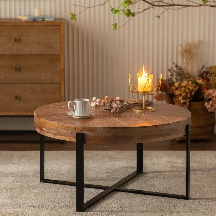 Table basse ronde "Modern Retro Stitching" avec plateau en bois de sapin et piètement croisé noir, pour salon
