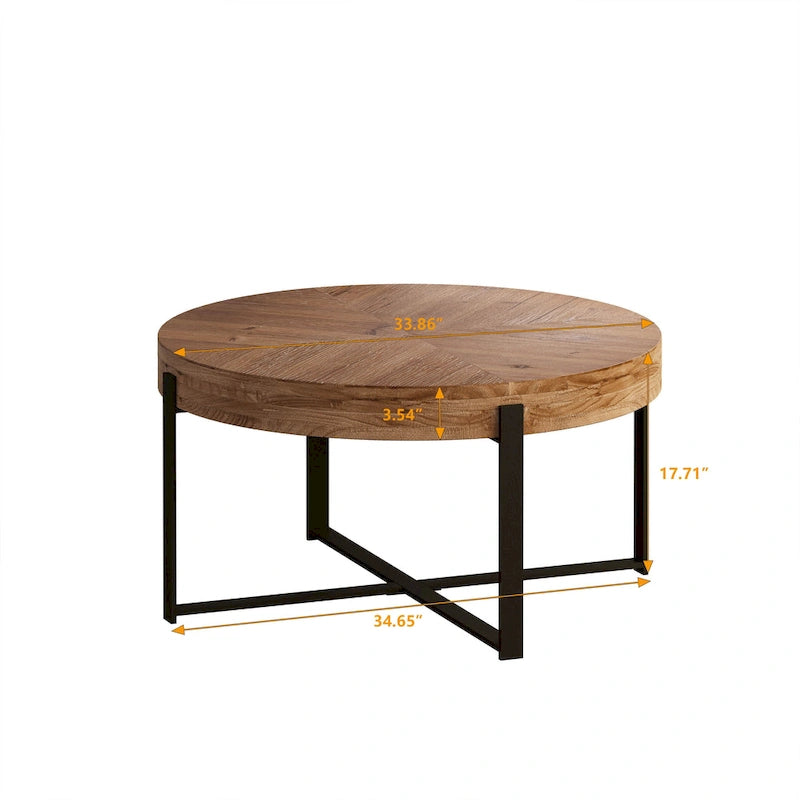 Table basse ronde "Modern Retro Stitching" avec plateau en bois de sapin et piètement croisé noir, pour salon