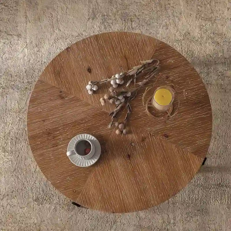 Table basse ronde "Modern Retro Stitching" avec plateau en bois de sapin et piètement croisé noir, pour salon