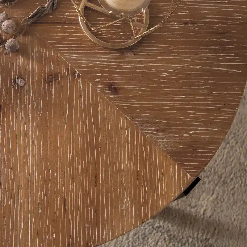 Table basse ronde "Modern Retro Stitching" avec plateau en bois de sapin et piètement croisé noir, pour salon