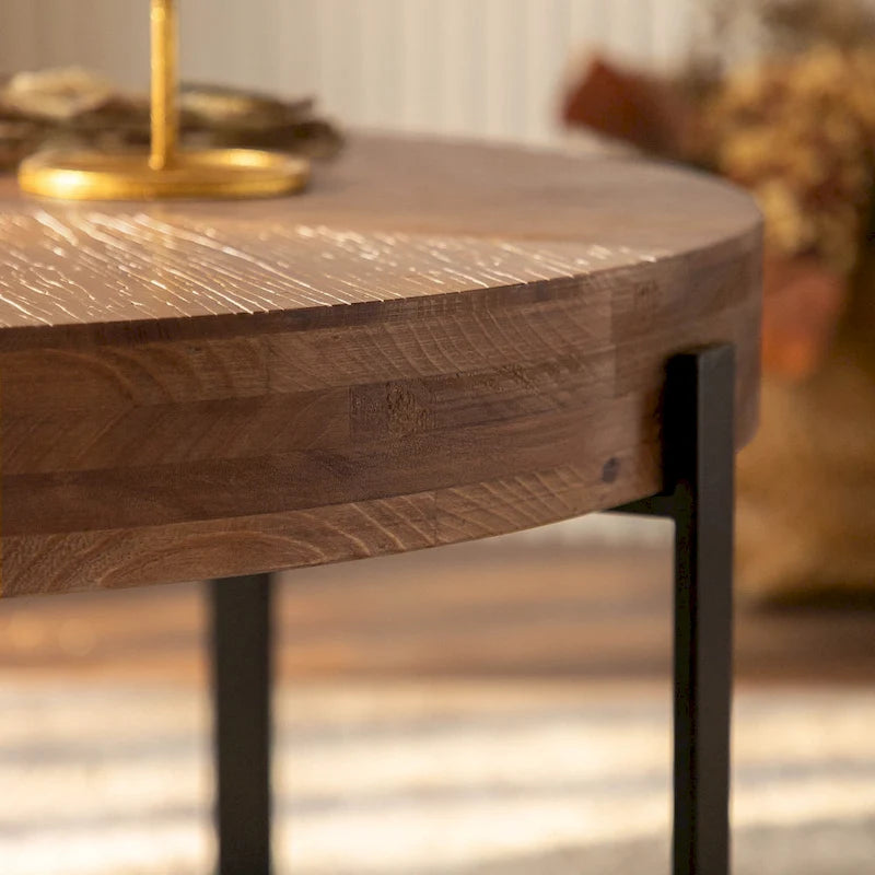 Table basse ronde "Modern Retro Stitching" avec plateau en bois de sapin et piètement croisé noir, pour salon