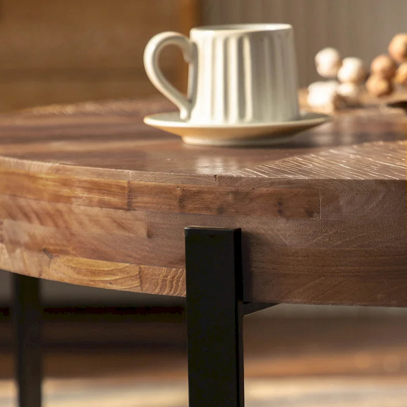 Table basse ronde "Modern Retro Stitching" avec plateau en bois de sapin et piètement croisé noir, pour salon