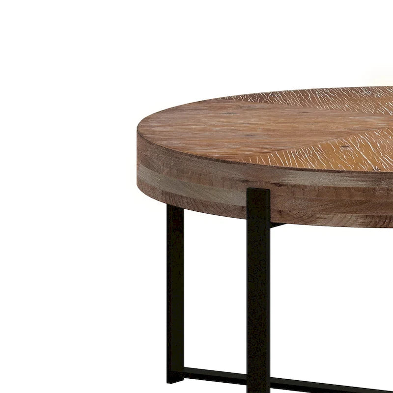 Table basse ronde "Modern Retro Stitching" avec plateau en bois de sapin et piètement croisé noir, pour salon