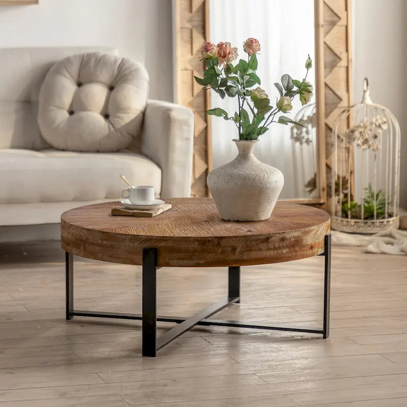 Table basse ronde "Modern Retro Stitching" avec plateau en bois de sapin et piètement croisé noir, pour salon