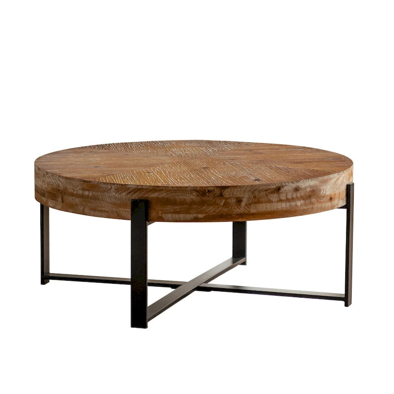 Table basse ronde "Modern Retro Stitching" avec plateau en bois de sapin et piètement croisé noir, pour salon