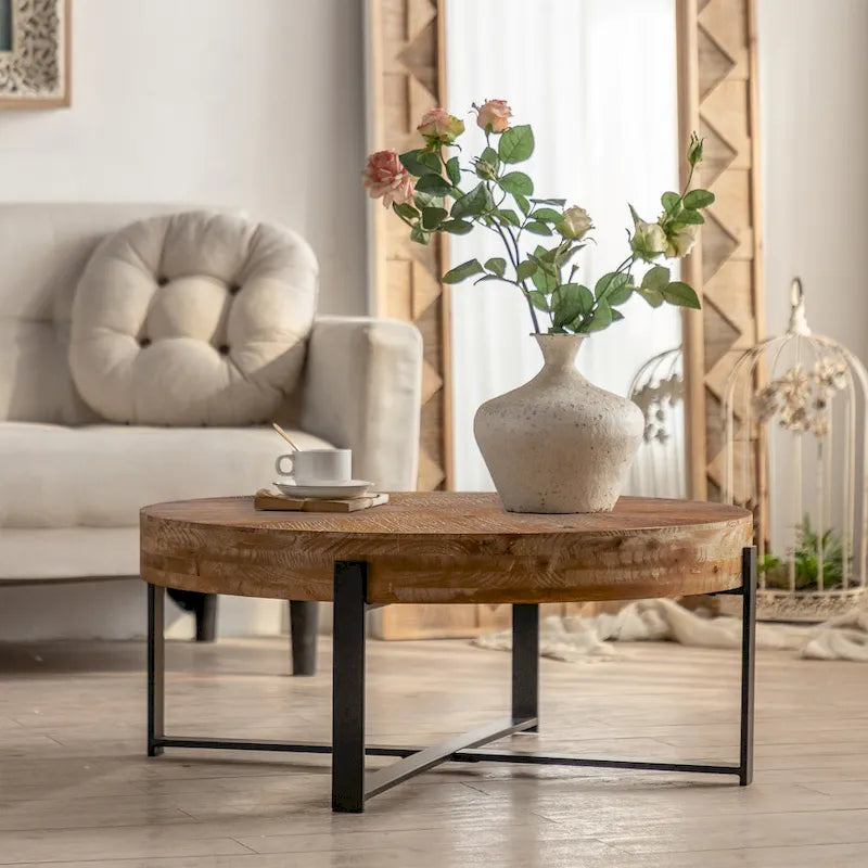 Table basse ronde "Modern Retro Stitching" avec plateau en bois de sapin et piètement croisé noir, pour salon