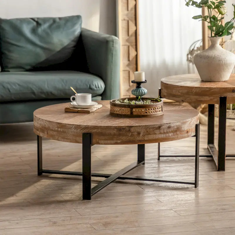 Table basse ronde "Modern Retro Stitching" avec plateau en bois de sapin et piètement croisé noir, pour salon