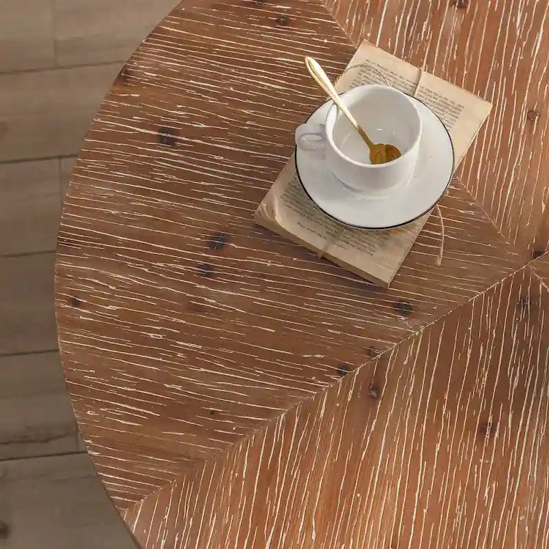 Table basse ronde "Modern Retro Stitching" avec plateau en bois de sapin et piètement croisé noir, pour salon