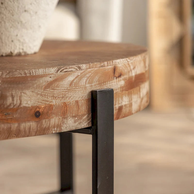 Table basse ronde "Modern Retro Stitching" avec plateau en bois de sapin et piètement croisé noir, pour salon