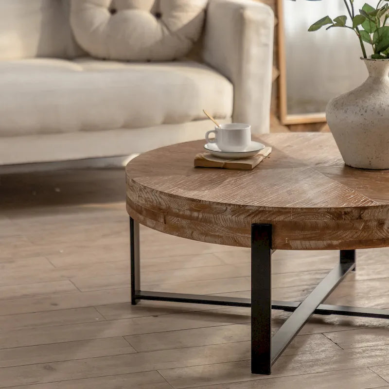 Table basse ronde "Modern Retro Stitching" avec plateau en bois de sapin et piètement croisé noir, pour salon