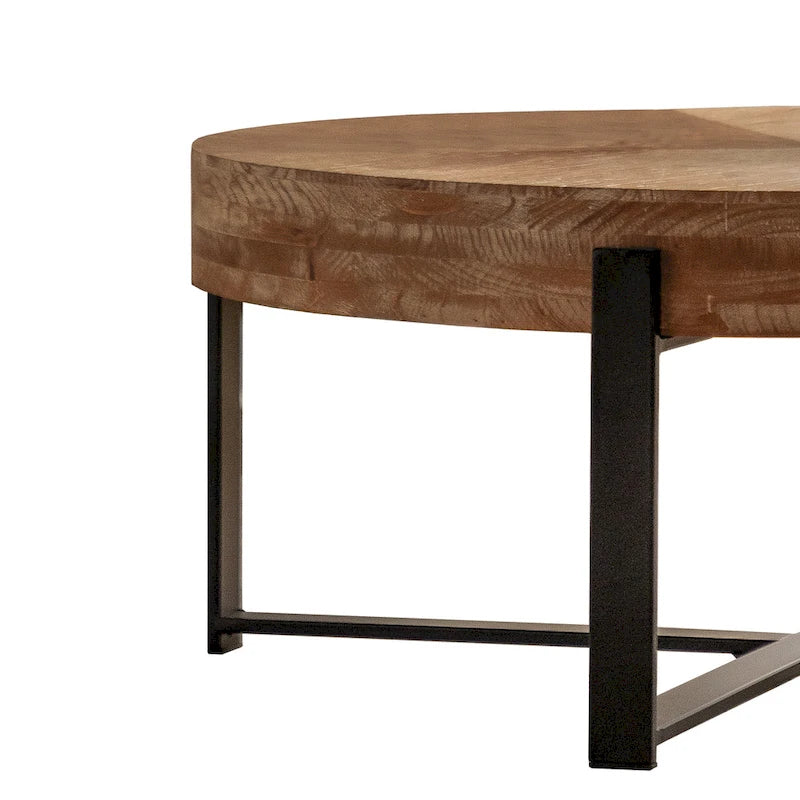 Table basse ronde "Modern Retro Stitching" avec plateau en bois de sapin et piètement croisé noir, pour salon