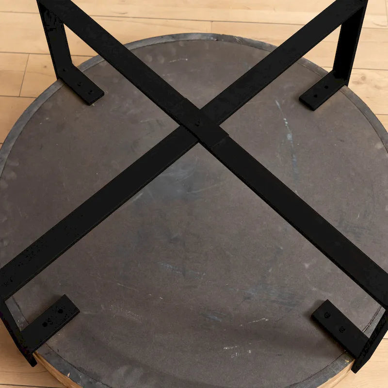 Table basse ronde "Modern Retro Stitching" avec plateau en bois de sapin et piètement croisé noir, pour salon