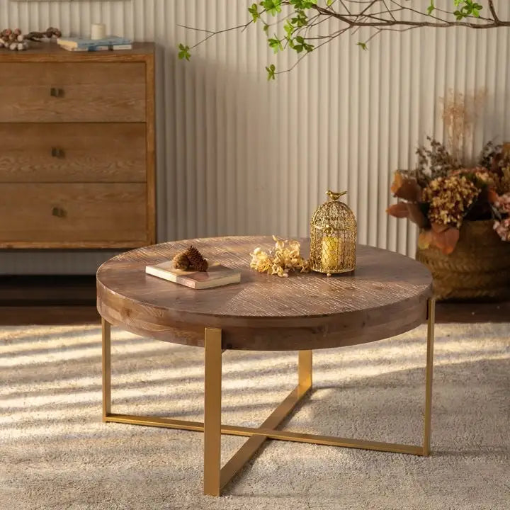 Table basse ronde "Modern Retro Stitching" avec plateau en bois de sapin et piètement croisé noir, pour salon