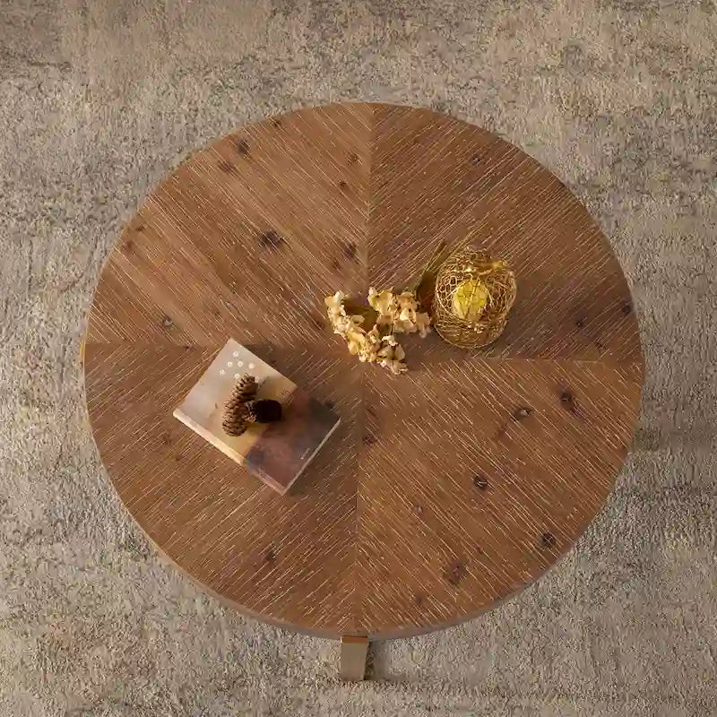 Table basse ronde "Modern Retro Stitching" avec plateau en bois de sapin et piètement croisé noir, pour salon