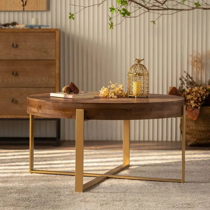 Table basse ronde "Modern Retro Stitching" avec plateau en bois de sapin et piètement croisé noir, pour salon