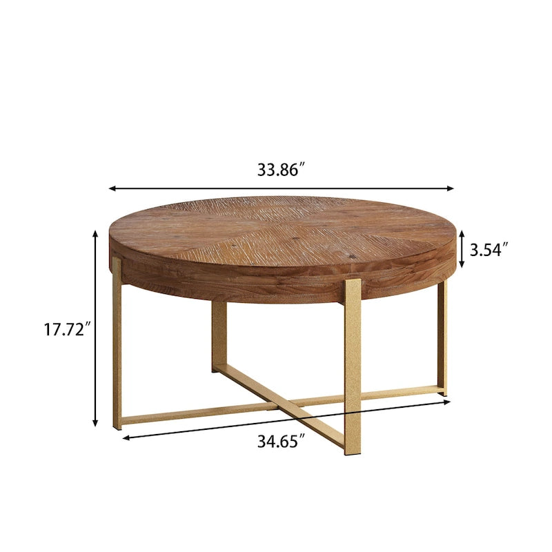 Table basse ronde "Modern Retro Stitching" avec plateau en bois de sapin et piètement croisé noir, pour salon