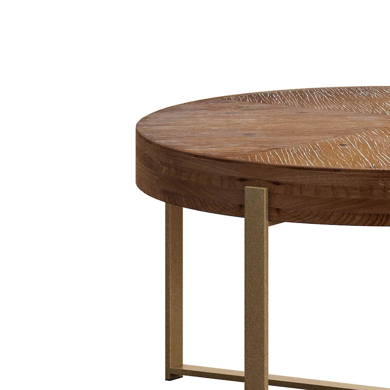 Table basse ronde "Modern Retro Stitching" avec plateau en bois de sapin et piètement croisé noir, pour salon