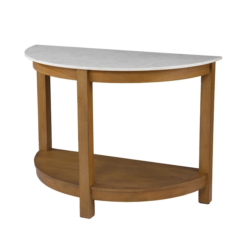 Console demi-cercle en faux marbre blanc avec étagère et base en bois - 41,75 L x 20 l x 30,25 H