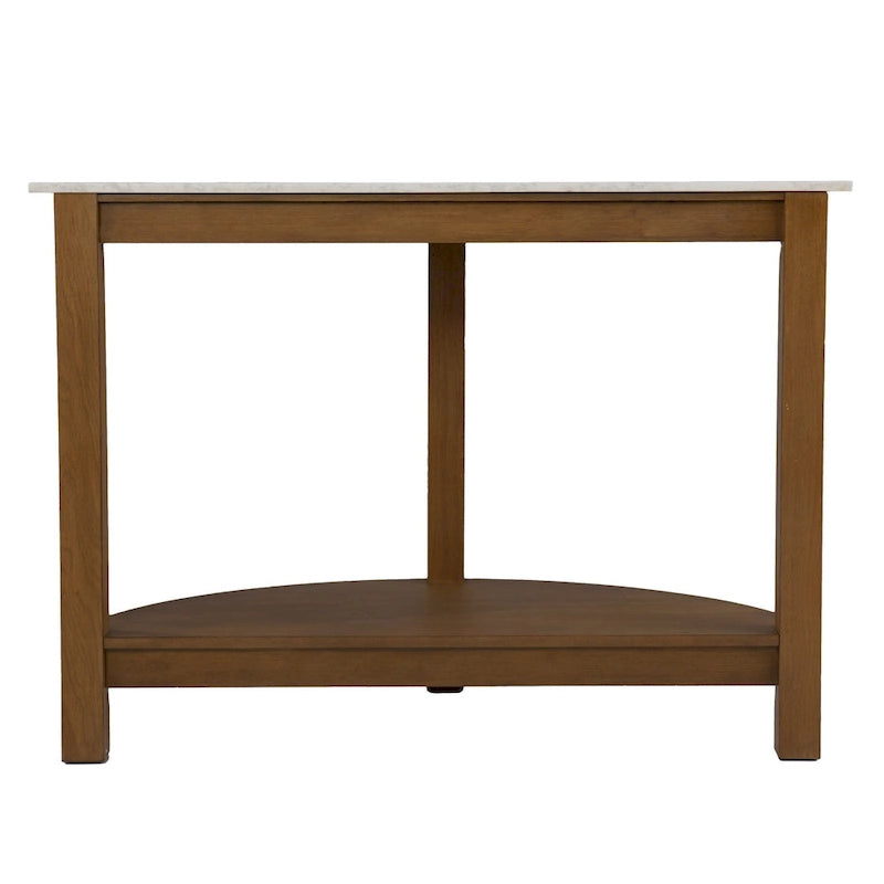 Console demi-cercle en faux marbre blanc avec étagère et base en bois - 41,75 L x 20 l x 30,25 H