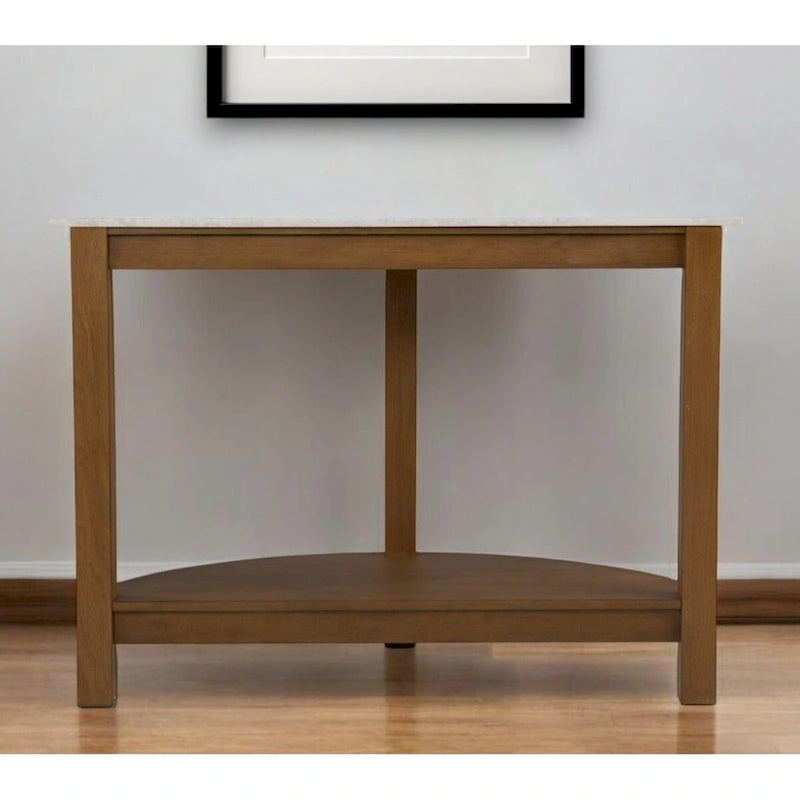 Console demi-cercle en faux marbre blanc avec étagère et base en bois - 41,75 L x 20 l x 30,25 H