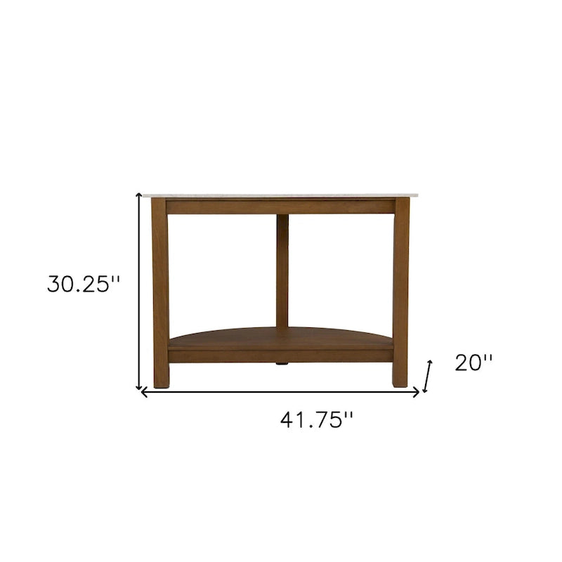 Console demi-cercle en faux marbre blanc avec étagère et base en bois - 41,75 L x 20 l x 30,25 H