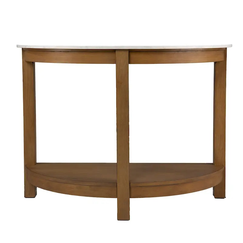 Console demi-cercle en faux marbre blanc avec étagère et base en bois - 41,75 L x 20 l x 30,25 H