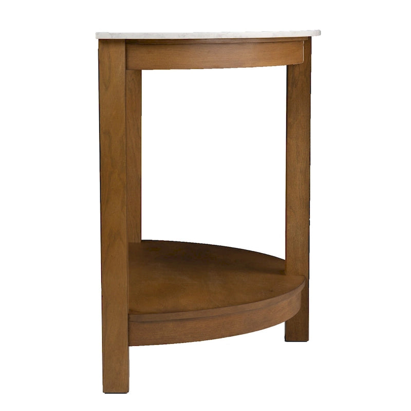 Console demi-cercle en faux marbre blanc avec étagère et base en bois - 41,75 L x 20 l x 30,25 H