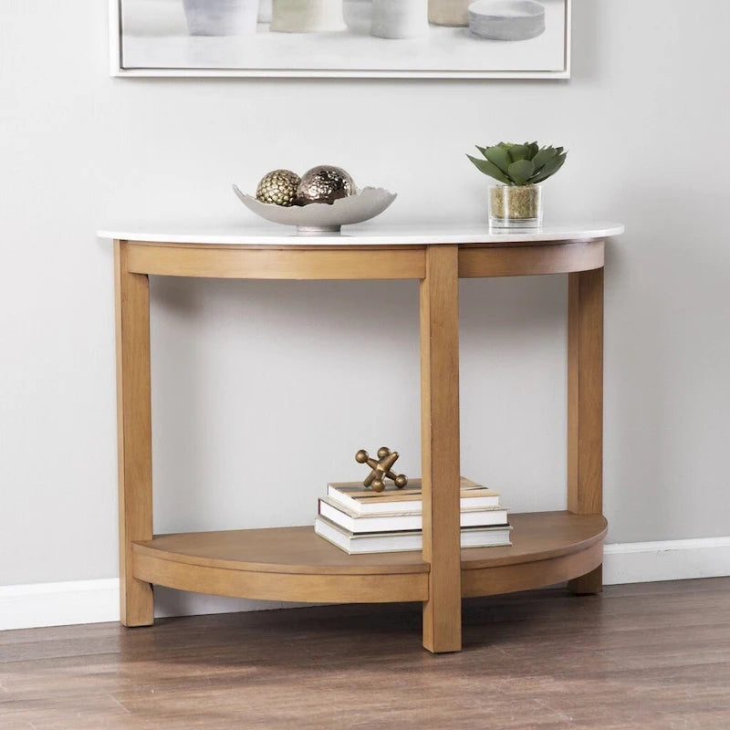 Console demi-cercle en faux marbre blanc avec étagère et base en bois - 41,75 L x 20 l x 30,25 H