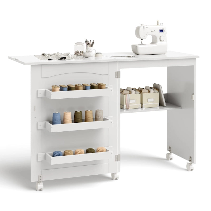 Table d'artisanat de couture pliante blanche avec armoire de rangement à étagères