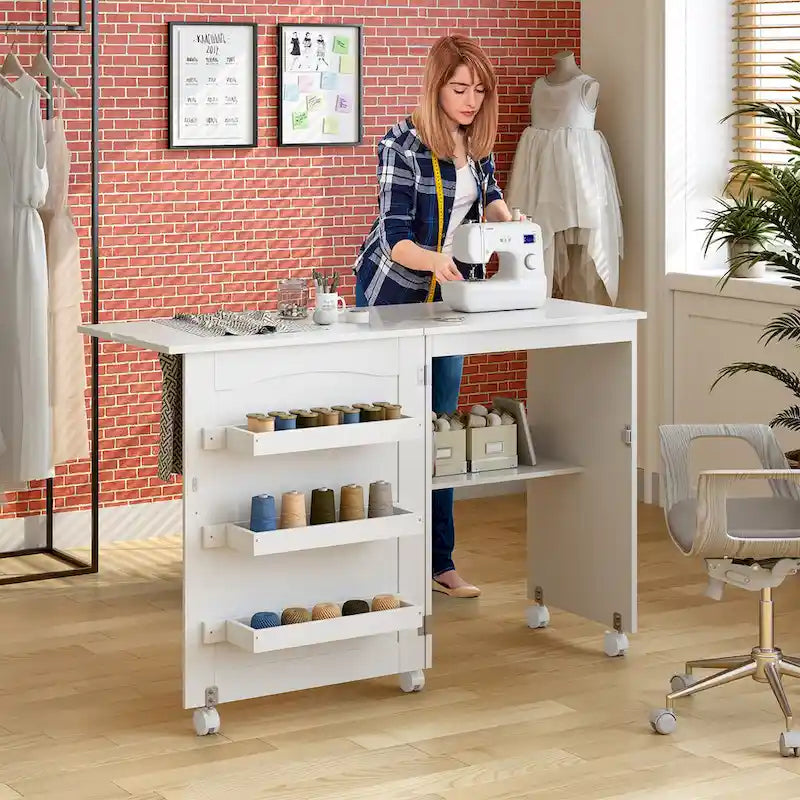 Table d'artisanat de couture pliante blanche avec armoire de rangement à étagères